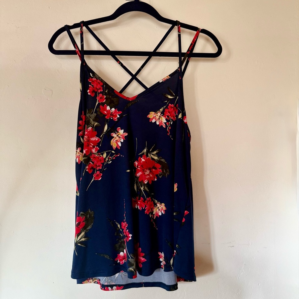 Floral Spaghetti Strap Top - Navy and Red